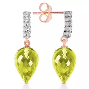 14K. GOLD FISH HOOK EARRINGS WITH DIAMONDS & POINTY BRIOLETTE QUARTZ LEMON - Picture 1 of 5