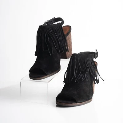 Nuevo botín Lucky Brand Liennah de gamuza negra con flecos punta abierta EE. UU. 9,5 UE 39,5 Foto 1 de 4