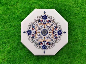 12" Octagon White Marble Coffee Table Top Lapis Stone Peacock Inlay Arts Decors - Picture 1 of 8