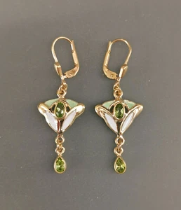 9906065-a 925er Silber gelbvergoldet Jugendstil-Ohrringe hellgrün emaill.Peridot - Picture 1 of 2