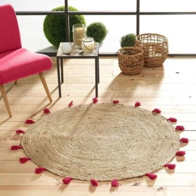 Rug 100% Natural Jute Braided Reversible Tassel Carpet Living Modern Area Rug - Image 1 of 4