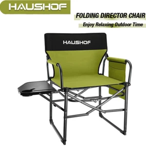 HAUSHOF Heavy Duty Camping Chair Folding Directors Chair w/Side Table Pocket NEW - Picture 1 of 12