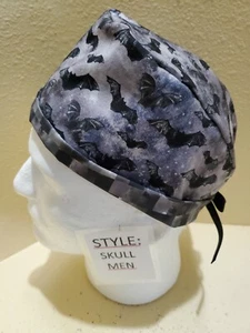Bats (black) Halloween Men's Skull/Chemo Surgical Scrub Hat/Cap Handmade - Picture 1 of 7