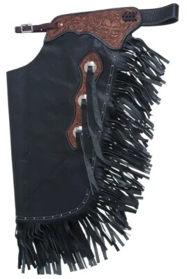 Western Chinks Chaps - Floral Tooled Yoke Smooth Black Leather - S,M,L,XL - Image 1 of 2