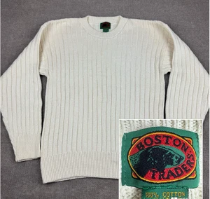 VTG Boston Traders Sweater Mens M Cream Chunky Rib Knit Fisherman Crewneck USA - Picture 1 of 15