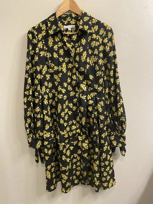 Derek Lam 10 Crosby Size XXS/XS Black w/Yellow Floral Pleated Shirt Dress - Image 1 of 4