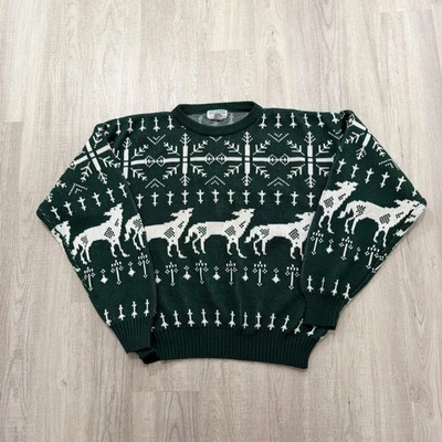 Suéter De Colección White Fish Bay Para Hombre Grande Verde Fair Isle Wolf Perro Cuello Redondo Años 90 Foto 1 de 4