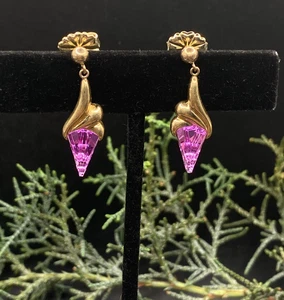 Vintage Strellman, 14kt Gold, Fancy Cut Pink Sapphire Drop Post Ohrringe - 4,43g - Bild 1 von 11