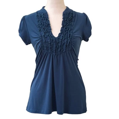 Heart Soul Teal Short Sleeve Ruffled Front V-Neck Blouse Top Shirt Size Medium - Image 1 of 4