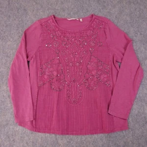 Soft Surroundings Shirt Large Blouse Pink Embellished Long Sleeve Cotton Womens - Picture 1 of 9