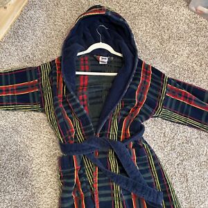 Mens Hooded Bath Robe One Size Vintage Green Navy Stripe Terry Thick Tie Luxury