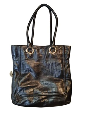 Bolso de mano Jaeger de cuero negro imitación cocodrilo correas con asa superior doble, vintage Foto 1 de 4