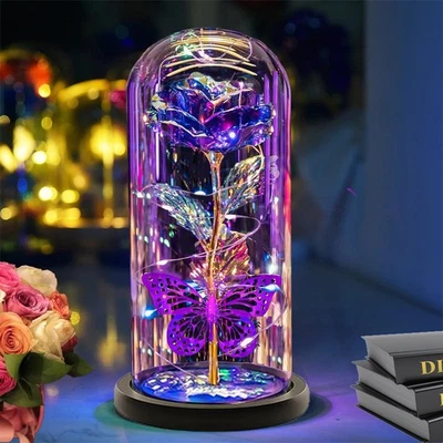 Cúpula de flores de cristal iluminada regalo rosa vidrio eterno de Navidad para mujer mamá Foto 1 de 4