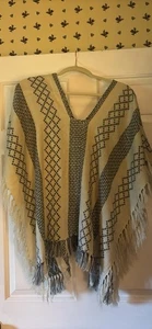 Free People Cream Gray Fringe Boho Poncho OS - Picture 1 of 3
