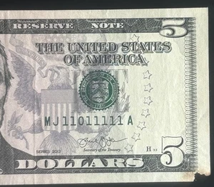 (TRUE BINARY NEAR SOLID!!) $5 Solid 7 Of A Kind Fancy Serial Number MJ11011111A - Picture 1 of 5