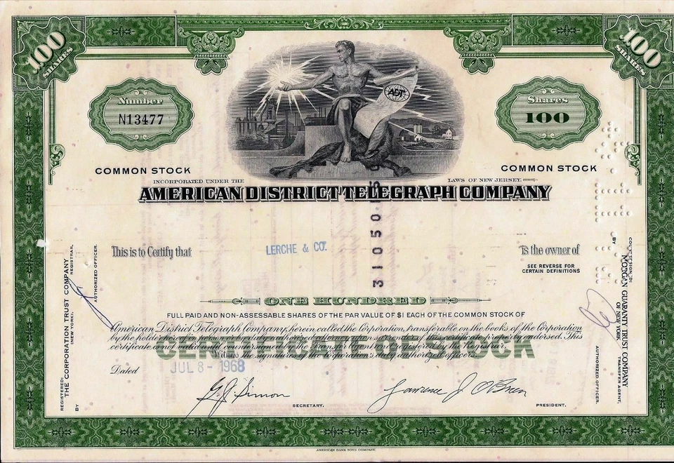 Certificado de stock American District Telegraph Company. Nueva Jersey 100 acciones Foto 1 de 1