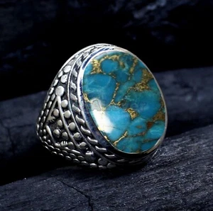 Solid 925 Sterling Silver Natural Copper Turquoise Gemstone Signet Men's Ring - Picture 1 of 12