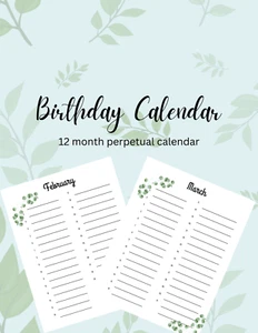 Perpetual Birthday Calendar, letter size, eucalyptus, 12 month minimalistic  - Photo 1 sur 4