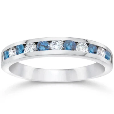 1/2ct Treated Blue & White Diamond Channel Set Wedding Ring 14K White Gold - Image 1 of 4