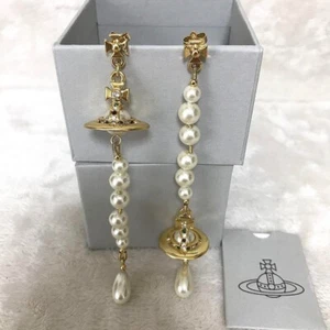 Vivienne Westwood Pierced Earrings Broken Pearl Gold w/drawstring Long - Picture 1 of 8