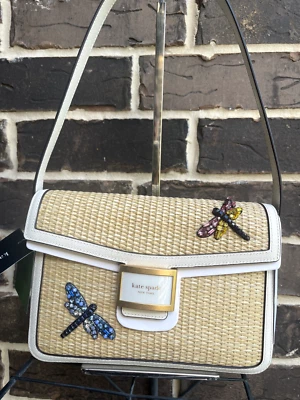 NUEVO CON ETIQUETAS $398 Bolso de Hombro Kate Spade Katy Libélula Adornado Paja Mediano Blanco Foto 1 de 4