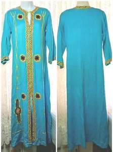 Vtg 1970s BoHo Hippy Turquoise Linen Embroidered Festival Dashiki Dress S/M - Picture 1 of 22
