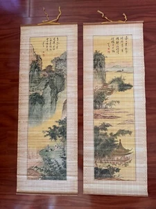 VTG Chinese Bamboo Scroll Landscape W ancient Chinese Poetry Lot of 2 32"x12" - Picture 1 of 7