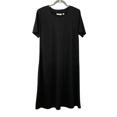 Susan Graver 风格黑色连衣裙 Midi 肩垫短袖 M 码弹力 — 第 1/4 张图片