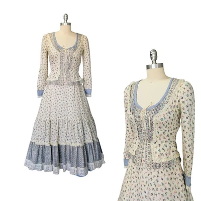 Vintage Prairie Style Peplum Midi Dress Size S Floral Corset Handmade 70s - Image 1 of 4