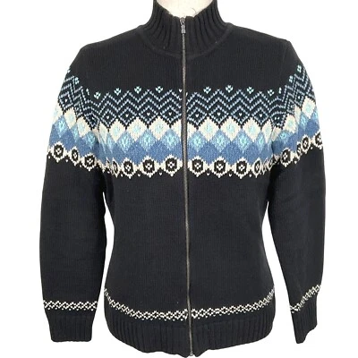 Cárdigan Liz Claiborne Mujer S Azul Negro Fair Isle Tejido Retro Algodón Suéter Foto 1 de 4