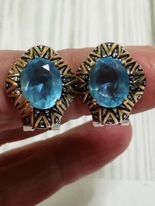 Blue Topaz Pierced Earrings Silver & Gold tone Women's Vtg HTF High Quality - Picture 1 of 14