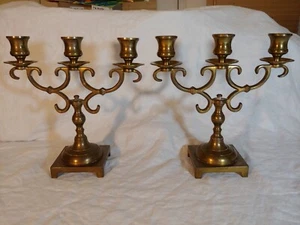 VTG Pair Brass Triple Candle Holders Candelabra - Picture 1 of 17