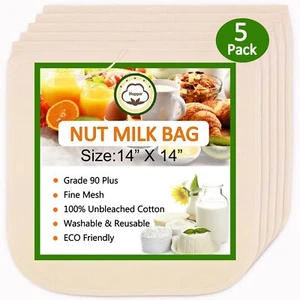 Nut Milk Bag Cheesecloth 100% Unbleached Cotton Straining Reusable 14x14" 5PCS - Picture 1 of 7