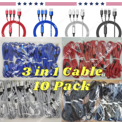 10 PACK 3 in 1 USB Charger Cable 3A Fast Charge Cord For iPhone Type-C Micro USB - Image 1 of 4