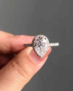 2.50Ct Pear Cut Moissanite Halo Solitaire Wedding Ring 14k White Gold Plated - Picture 1 of 5