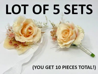 Lot of 5 x Wrist Corsage & Boutonniere Set Artificial Rose Flowers Prom Wedding - Image 1 of 4