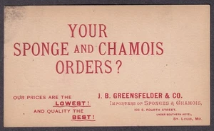 1880er Anzeigenpostkarte J B Greensfelder & Co Schwämme & Gämsen St Louis MO - Bild 1 von 2
