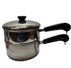 Revere Ware Copper Bottom 2 Qt Process Patent Sauce Pan/Steamer w/Lid 3 Pcs VTG - Picture 1 of 9