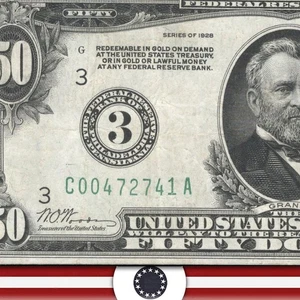 1928 $50 PHILADELPHIA NUMERICAL FRN "REDEEMABLE IN GOLD" Fr 2100-C 72741 - Picture 1 of 3