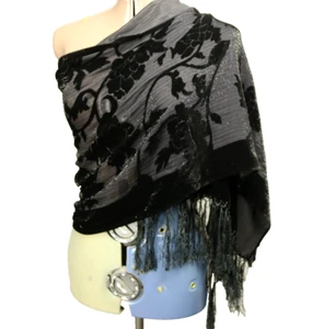 Avenue Floral Rose Velvet Burnout Sparkly Fringed Rectangle Scarf Black 77x20 - Picture 1 of 17