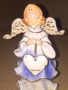 ANGEL With A Blue SEPTEMBER Birthday Stone 💎 On A Heart- PORCELAIN COLLECTION - Picture 1 of 12