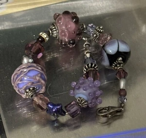 STERLING SHADES OF PURPLE ARTISAN & CRYSTAL BEADS BRACELET 8.25” - Picture 1 of 13