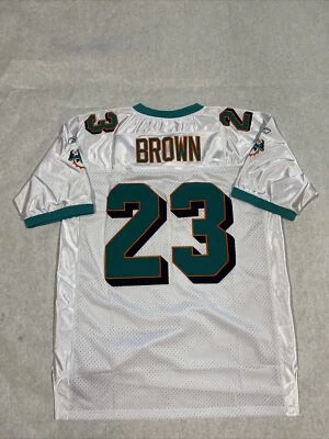 全新 Reebok 白色迈阿密海豚 跑卫 Ronnie Brown On Field 球衣 尺寸 54 — 第 1/4 张图片