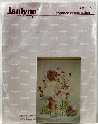 NEW 1980s Janlynn Girl With Cosmos 2918 Counted Cross Stitch Kit  Vintage 13781 - Image 1 of 2