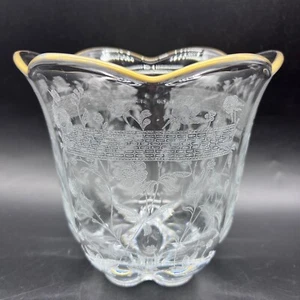 Antique Glastonbury Buttercup Lotus 6" Etched Glass Vase Centerpiece Gold Trim - Picture 1 of 5