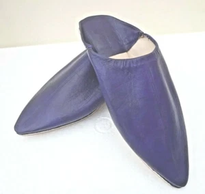 UNISEX MOROCCAN LEATHER POINTED BACKLESS MULES / SLIPPERS * PURPLE * - Picture 1 of 3