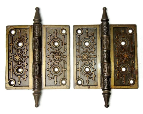 Pair Antique Ornate Eastlake Victorian Steeple Tip Door Hinges 5" x 5" Cover