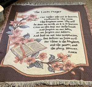 Heavy Tapestry Throw Blanket 45x54 The Lord's Prayer Fringed Christian Cozycore - Picture 1 of 5