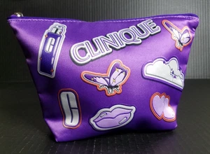 Clinique Bright Fun Pattern Purple Background Zippered Cosmetic Makeup Bag NWOT - Picture 1 of 5
