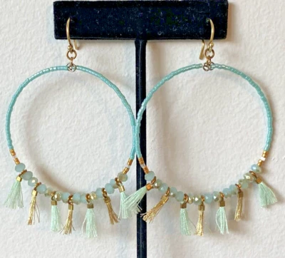 Brincos CHAN LUU água-marinha cristal Swarovski com borla ouro argola gancho 2" novo - Imagem 1 de 4